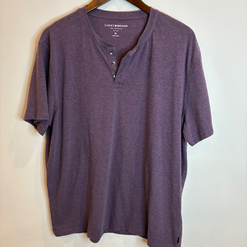 Lucky Brand Mens XL Purple Heathered Short Sleeve Henley Shirt RN 80318